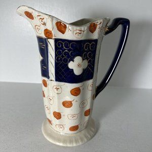 Hand Painted 8" Tall Ceramic Pitcher Vase Milk Jug Cream  Blue Orange See Des